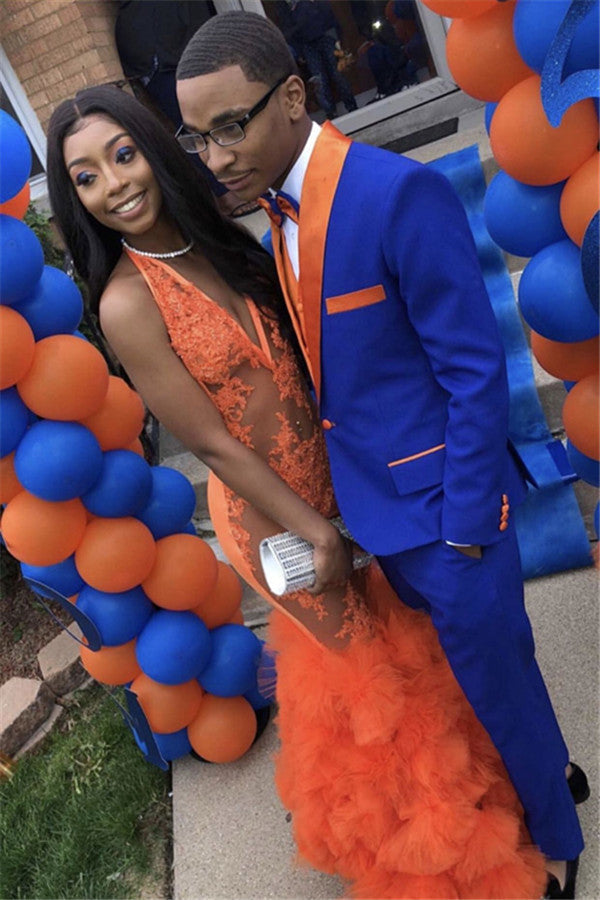 Groom in Style - Handsome Royal Blue Beach Suits for Prom With Orange Lapel-Prom Suits-BallBride