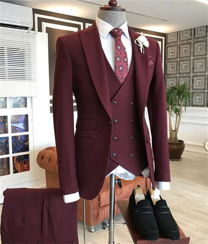 Groom in Style: Morden Burgundy Three Pieces Prom Suit With Peaked Lapel-Prom Suits-BallBride