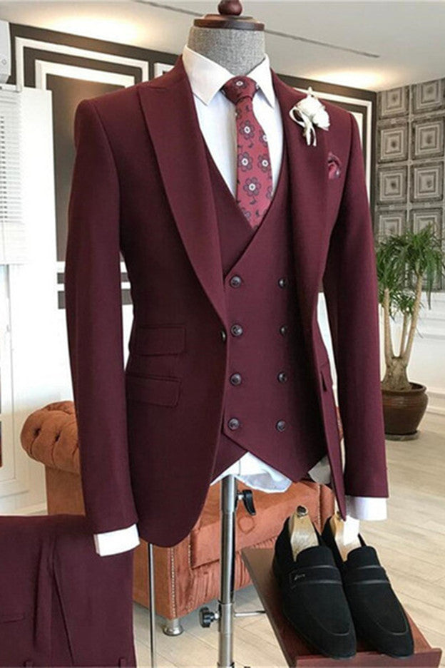 Groom in Style: Morden Burgundy Three Pieces Prom Suit With Peaked Lapel-Prom Suits-BallBride