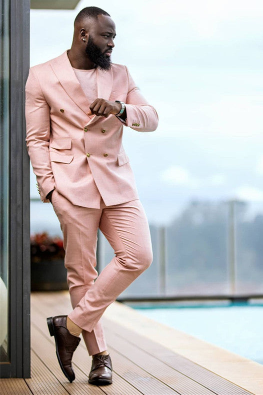 Groom Peaked Lapel Pink Double Breasted Prince Suit-Prom Suits-BallBride