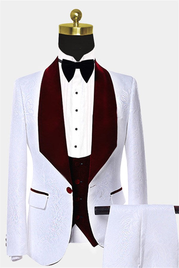 Groom Prom Suit - Burgundy Lapel White Jacquard-Business & Formal Suits-BallBride