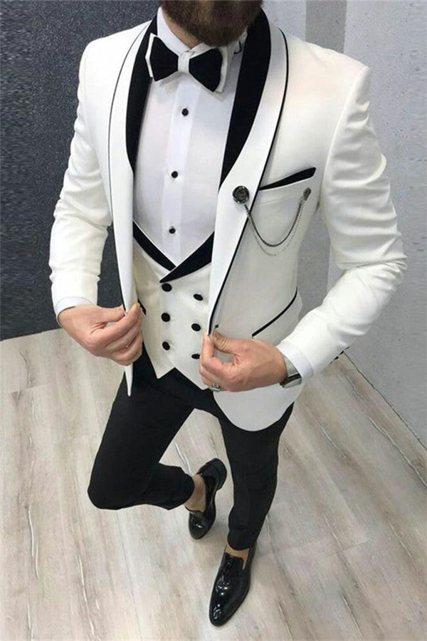 Groom Suits for Men3 Pieces - White Wedding Tuxedos with Black Lapel-Wedding Suits-BallBride