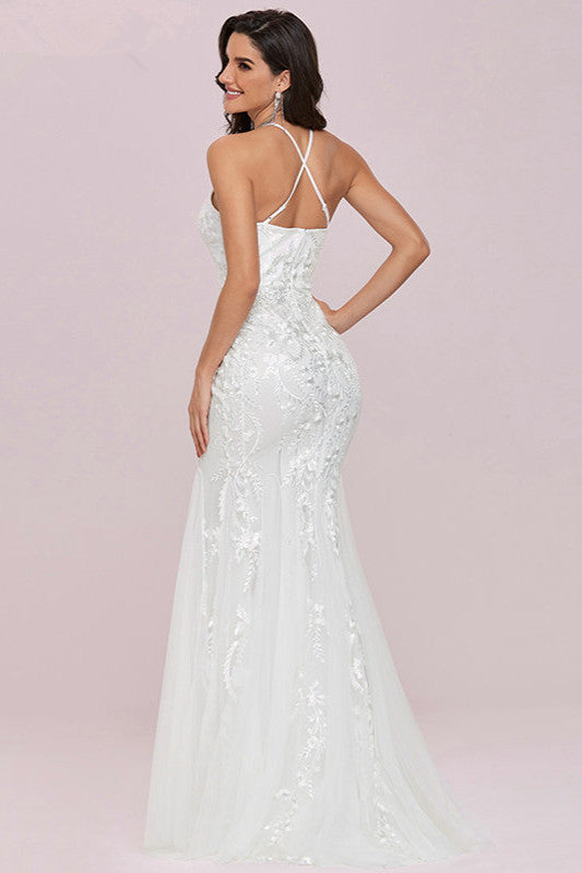 Halter Mermaid Lace Wedding Gowns with Sleeveless Design-Wedding Dresses-BallBride