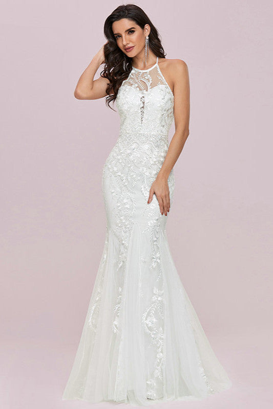 Halter Mermaid Lace Wedding Gowns with Sleeveless Design-Wedding Dresses-BallBride