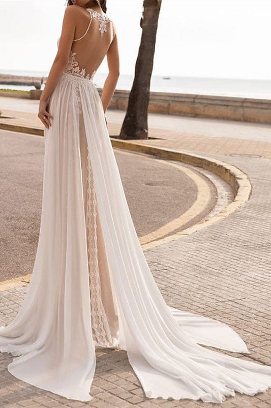 Halter Sleeveless Lace Wedding Dress-Wedding Dresses-BallBride