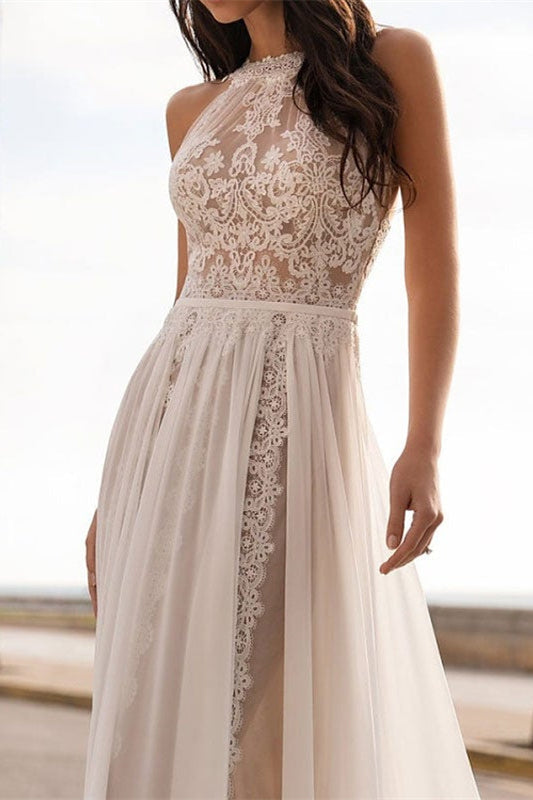 Halter Sleeveless Lace Wedding Dress-Wedding Dresses-BallBride