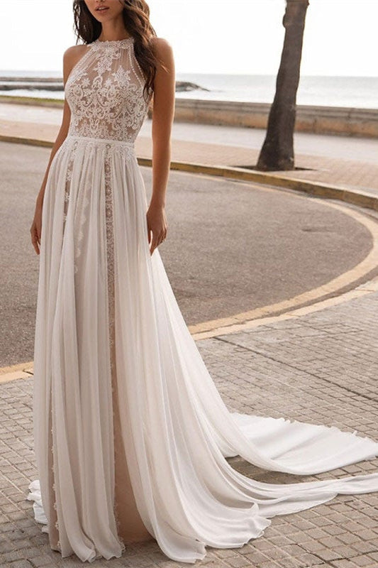 Halter Sleeveless Lace Wedding Dress-Wedding Dresses-BallBride