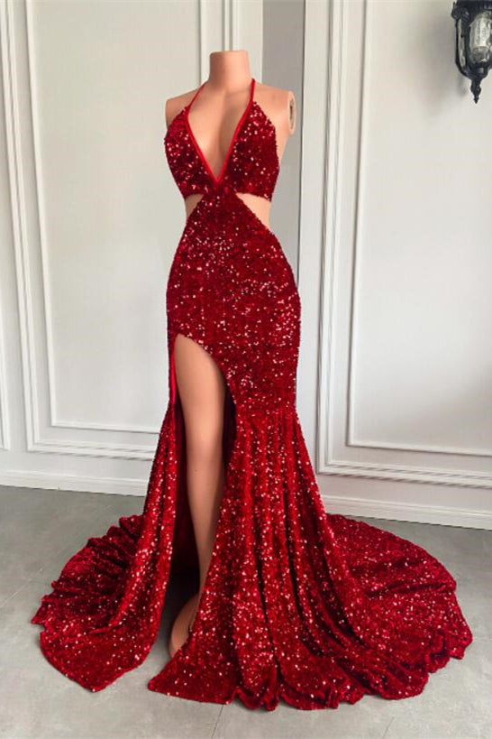 Halter Wine Red Sequins Mermaid Prom Dress With Split-BallBride