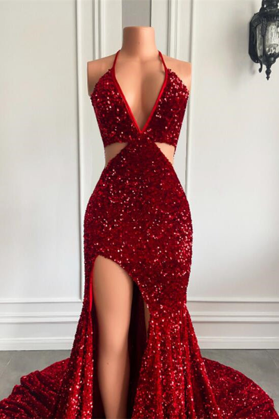 Halter Wine Red Sequins Mermaid Prom Dress With Split-BallBride