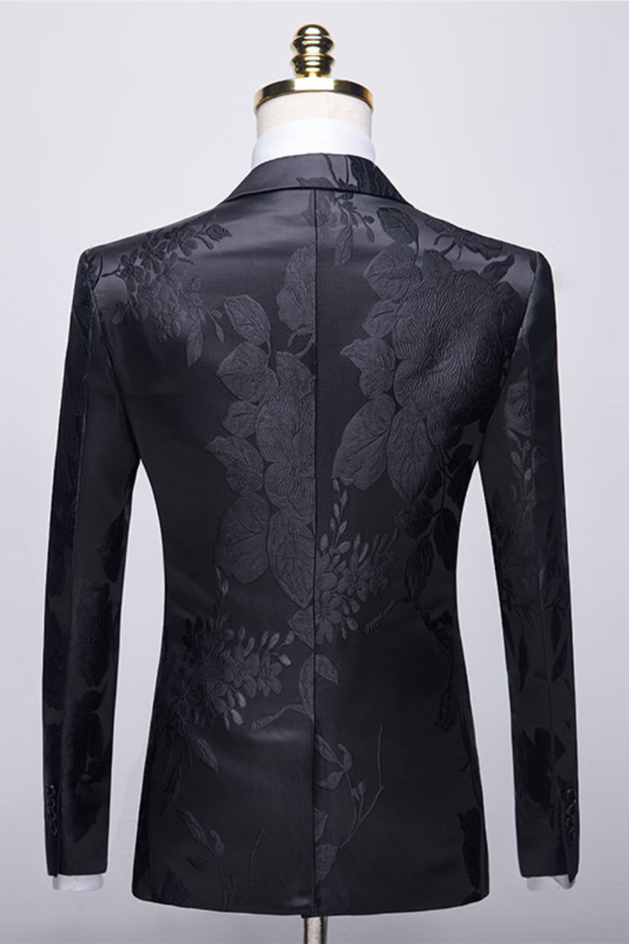 Handsome Black Notched Lapel Two Button Floral Jacquard Men's Suit-Wedding Suits-BallBride