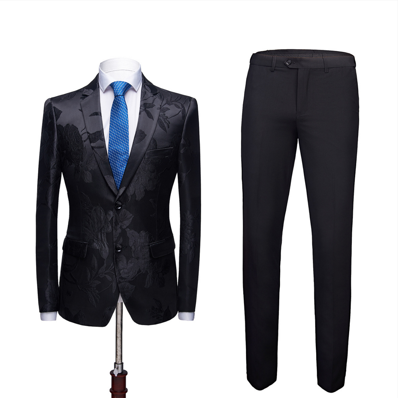 Handsome Black Notched Lapel Two Button Floral Jacquard Men's Suit-Wedding Suits-BallBride