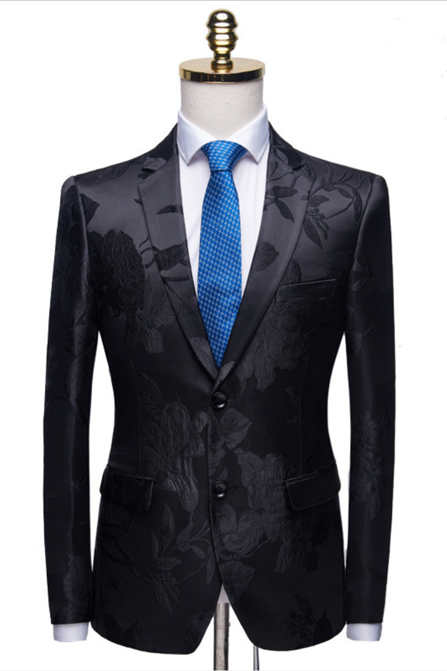 Handsome Black Notched Lapel Two Button Floral Jacquard Men's Suit-Wedding Suits-BallBride