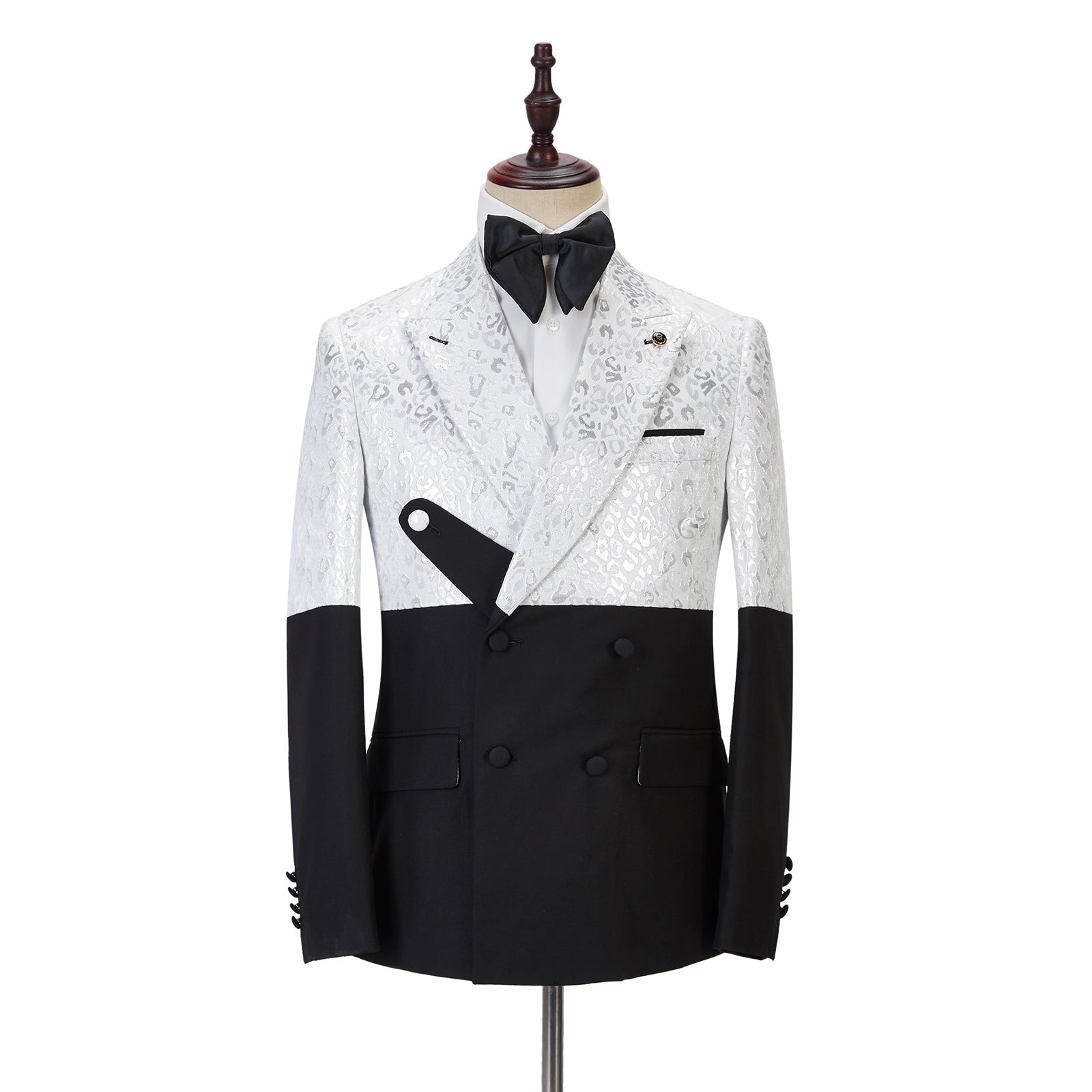 Handsome Black & White Jacquard Marriage Blazer Suit with Peaked Lapel-Prom Suits-BallBride