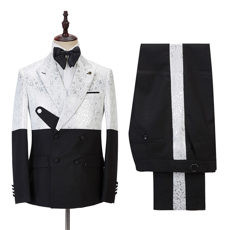 Handsome Black & White Jacquard Marriage Blazer Suit with Peaked Lapel-Prom Suits-BallBride