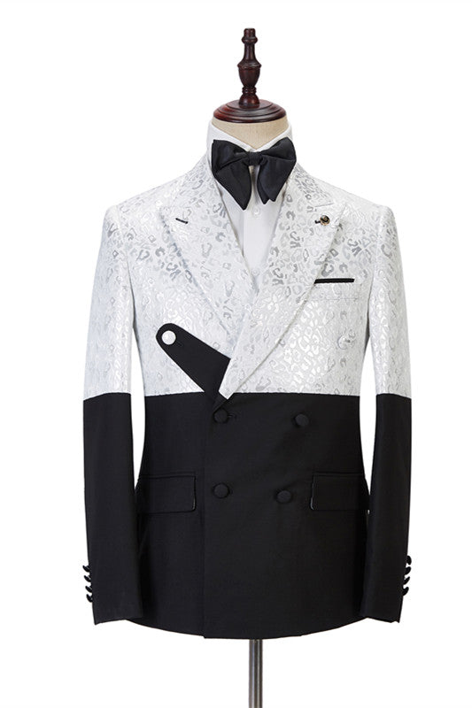 Handsome Black & White Jacquard Marriage Blazer Suit with Peaked Lapel-Prom Suits-BallBride