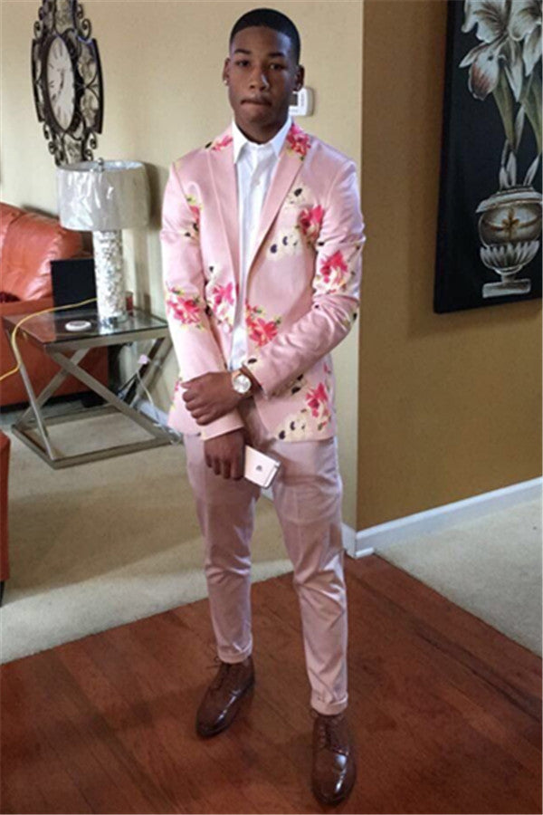 Handsome Pink Groom & Groomsmen Suits with Flower Prints-Prom Suits-BallBride