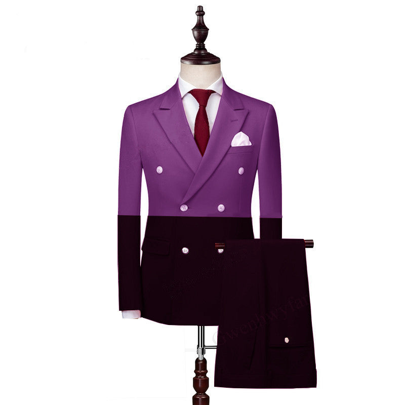 Handsome Purple & Black Double Breasted Marriage Suit with Peaked Lapel-Prom Suits-BallBride