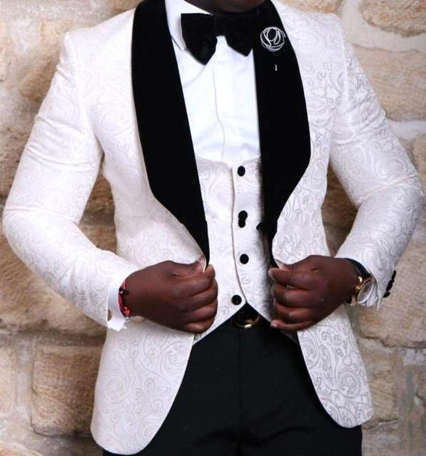 Handsome White Wedding Groom Tuxedos - Jacquard Three Pieces Men Suit-Wedding Suits-BallBride