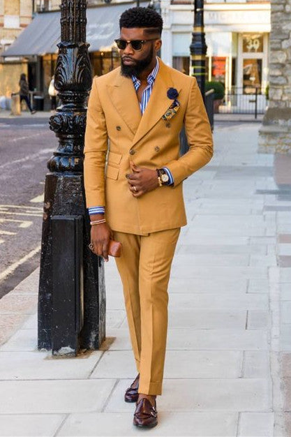 Handsome Yellow Party Suit for Prom with Double Breasted Peaked Lapel-Prom Suits-BallBride