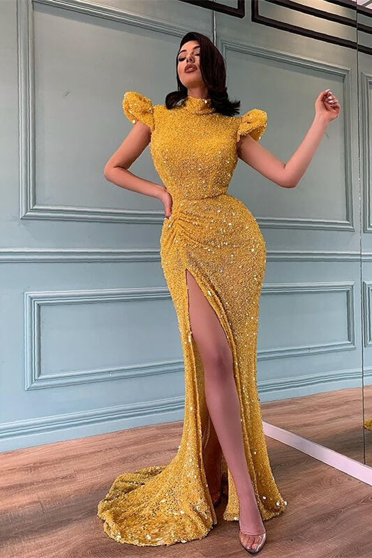 High Neck Beaded Yellow Mermaid Prom Dress with Split-BallBride