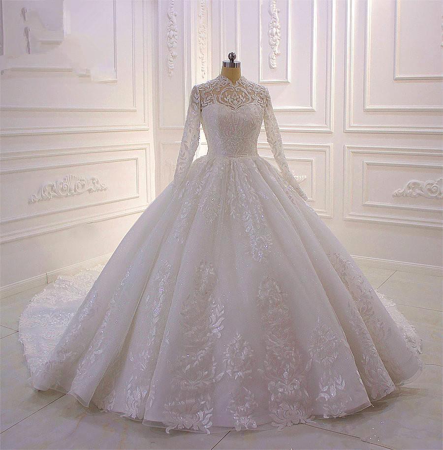 High-neck Long Sleeves Ball Gown Wedding Dress with Ruffles and Lace Appliques-Wedding Dresses-BallBride