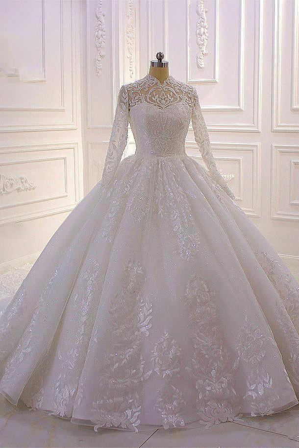 High-neck Long Sleeves Ball Gown Wedding Dress with Ruffles and Lace Appliques-Wedding Dresses-BallBride