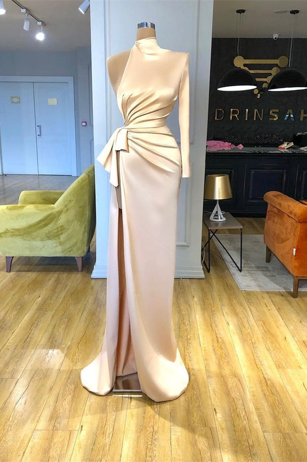 High Neck Long Sleeves Split Mermaid Prom Dress in Champagne-BallBride