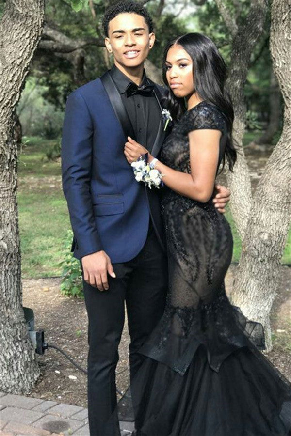 High-Quality Black Silk Lapel Jacob Marriage Blazer Suit Navy Blue with Two-Piece-Prom Suits-BallBride