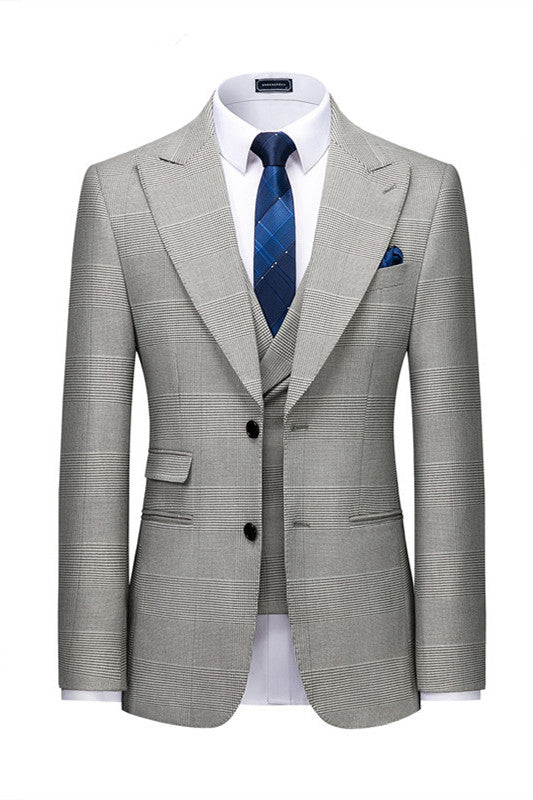 High Quality Gray Peaked Lapel Plaid Tuxedo Suit for Prom-Prom Suits-BallBride