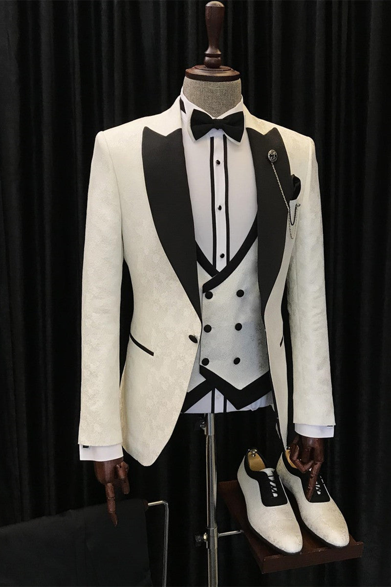 Hot Sale White Jacquard Wedding Suits with Black Peaked Lapel - Alvin 3 Piece Set-Wedding Suits-BallBride