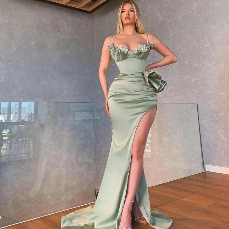 Hot Selling Dusty Sage Prom Dress with Spaghetti-Straps and Mermaid Long Side Slit Ruffles-Occasion Dress-BallBride
