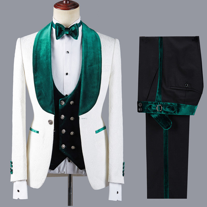 Jeffery White Wedding Suit with Green Lapel - Fashion Jacquard Three Pieces-Wedding Suits-BallBride