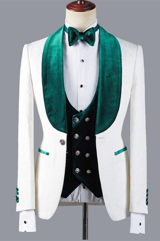 Jeffery White Wedding Suit with Green Lapel - Fashion Jacquard Three Pieces-Wedding Suits-BallBride