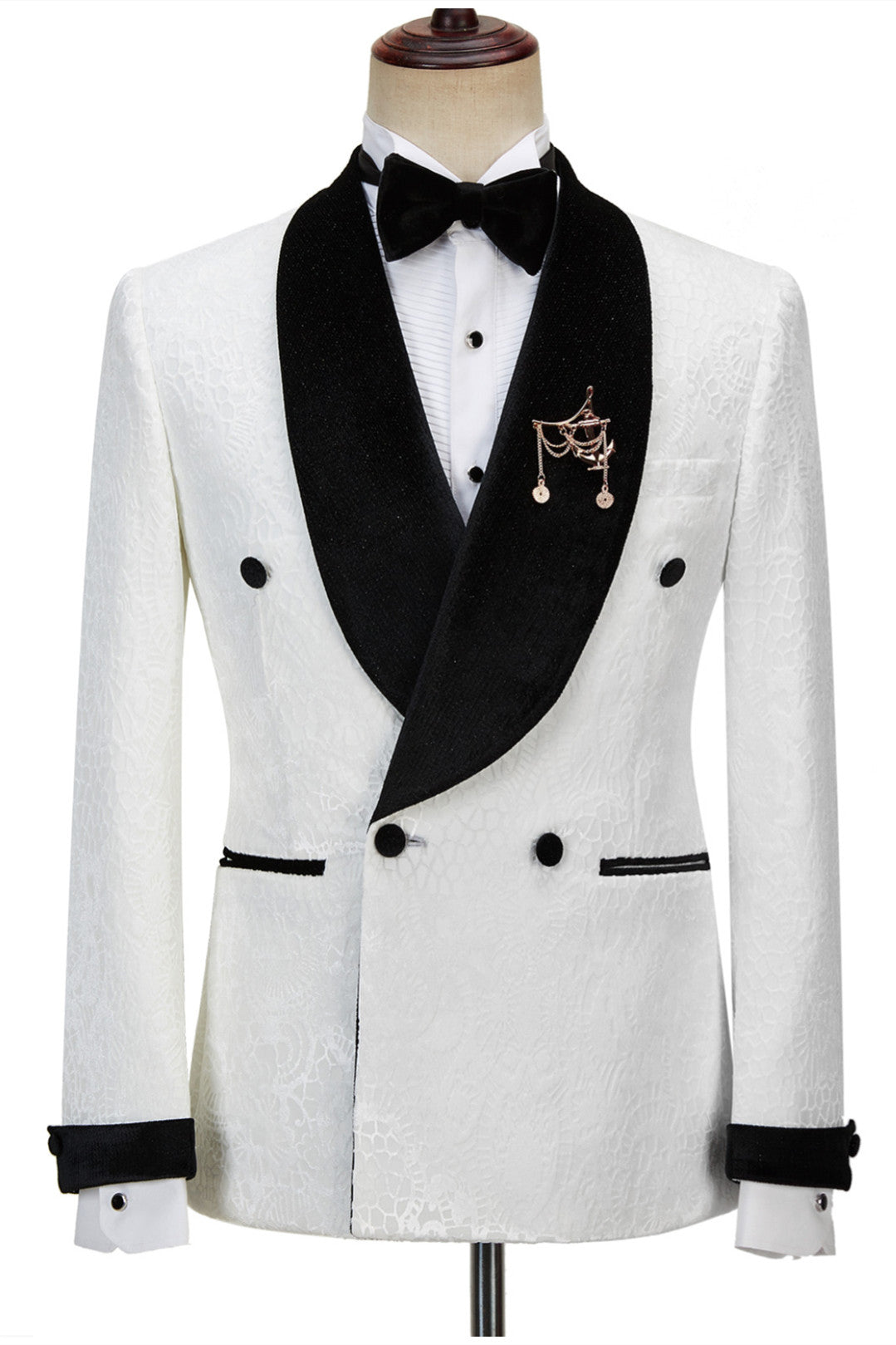 Jesus Chic Sparkle Shawl Lapel Jacquard Double Breasted White Wedding Suits-Wedding Suits-BallBride