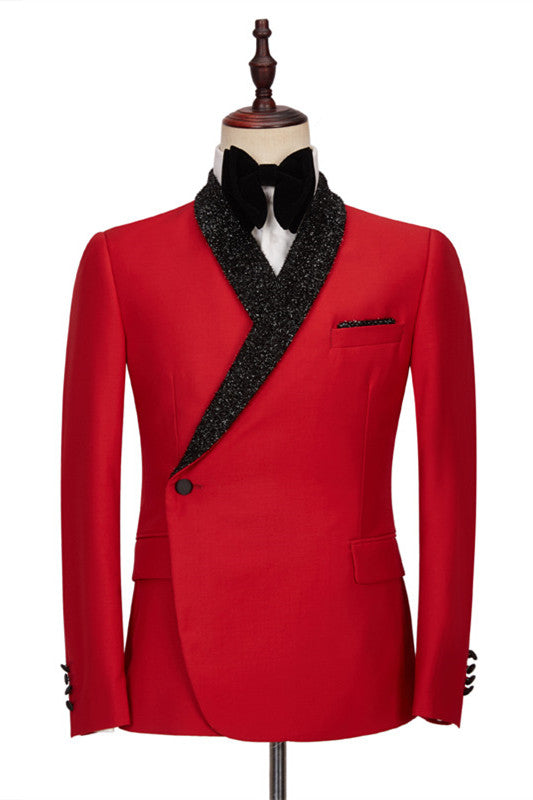 Joseph Bespoke Wedding Men Suits with Red Shawl Lapel and Black Pants-Wedding Suits-BallBride