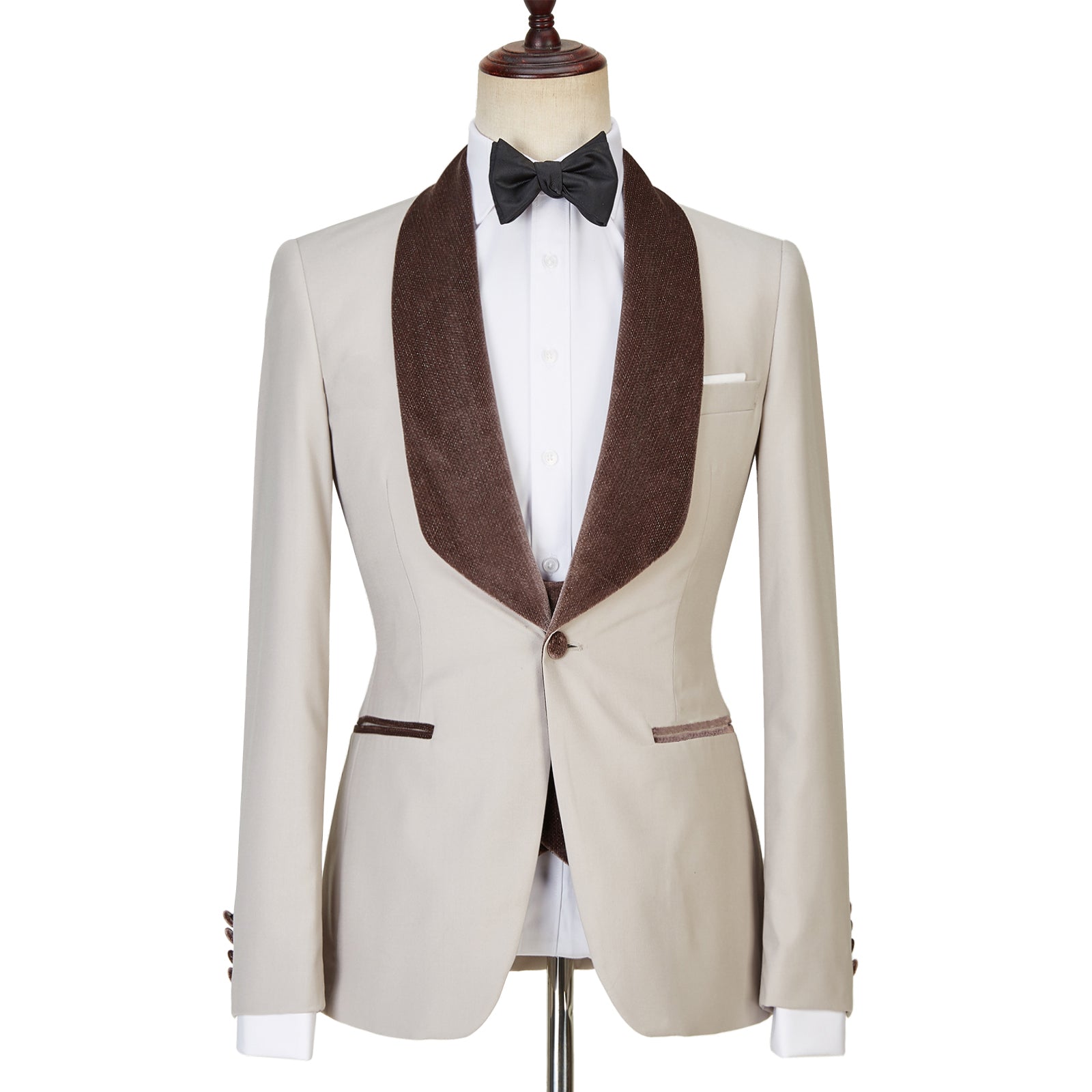 Joseph Fashion Light Champagne Shawl Lapel Shiny Slim Fit Three Pieces Men Suits-Wedding Suits-BallBride