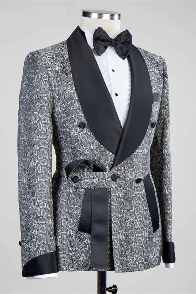 Khalil Gray Double Breasted Wedding Suit with Black Lapel-Wedding Suits-BallBride