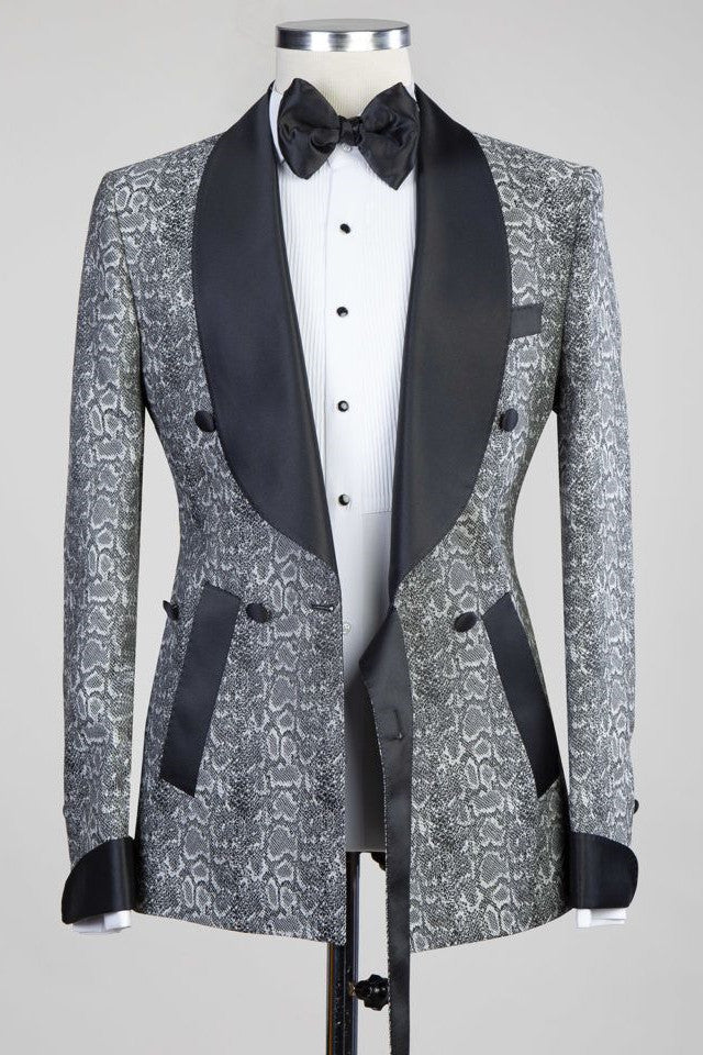 Khalil Gray Double Breasted Wedding Suit with Black Lapel-Wedding Suits-BallBride