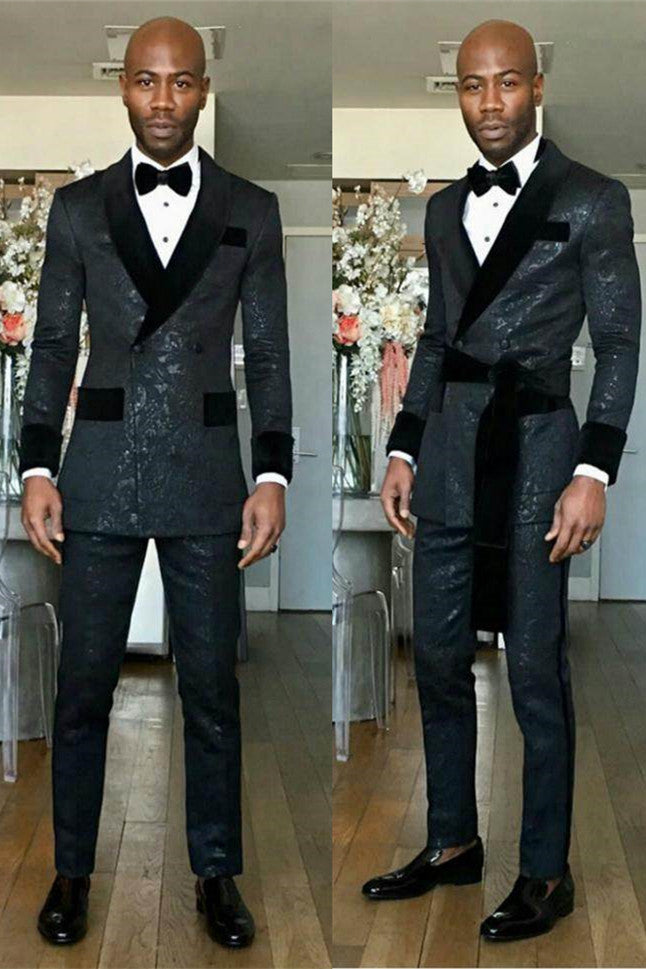 Kingston Black Shawl Lapel Double Breasted Slim Fit Wedding Groom Suits-Wedding Suits-BallBride