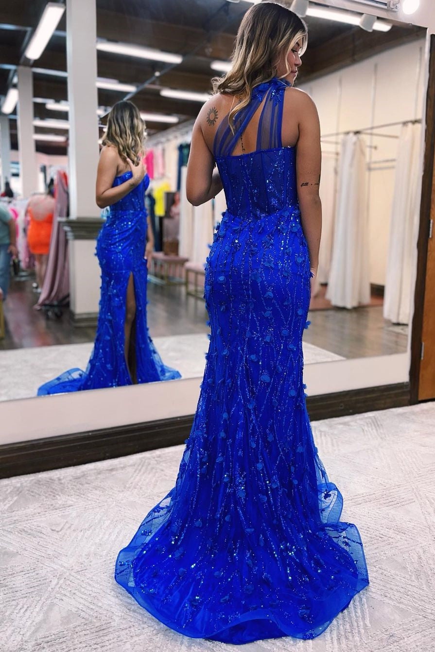 Klein Blue One Shoulder Mermaid Prom Dress with Flower Appliques-BallBride