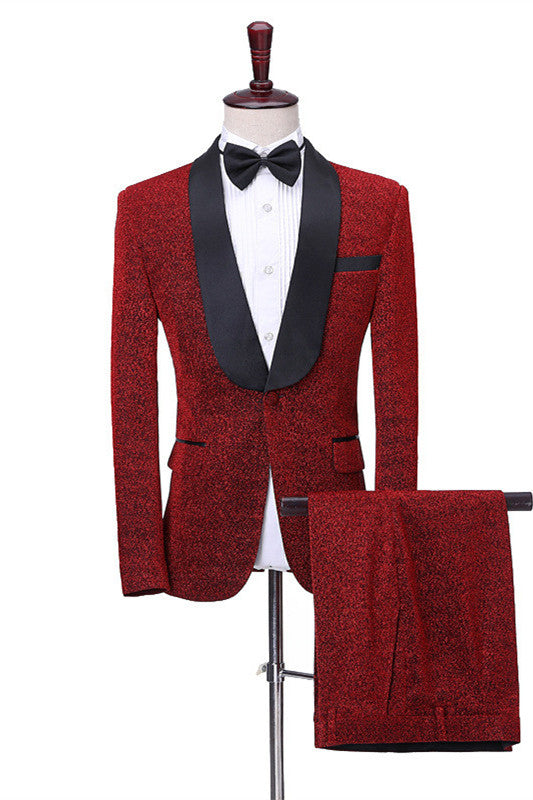 Kyler Men Suits - Shiny Red Shawl Lapel One Button Slim Fit Online-Wedding Suits-BallBride