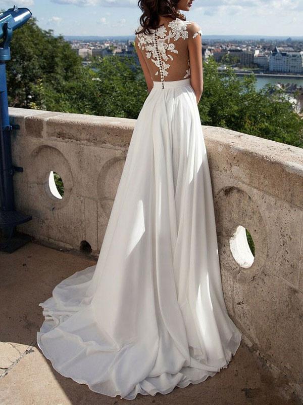 Lace Appliqu¡§| Beach Wedding Dress with Front Split-Wedding Dresses-BallBride