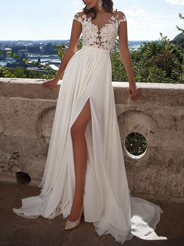 Lace Appliqu¡§| Beach Wedding Dress with Front Split-Wedding Dresses-BallBride