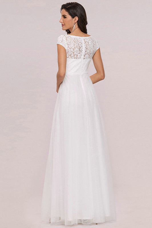 Lace Cap Sleeve Long Wedding Dress with Zipper Back-Wedding Dresses-BallBride