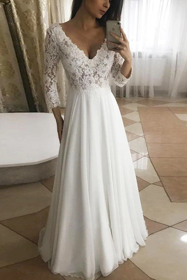 Lace-Detailed Long Sleeve V-neck A-line Wedding Dress-Wedding Dresses-BallBride