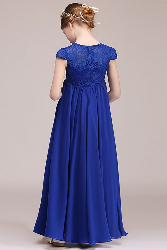 Lace Embellished Royal Blue Illusion Neck Flower Girl Dress-flower girl dresses-BallBride