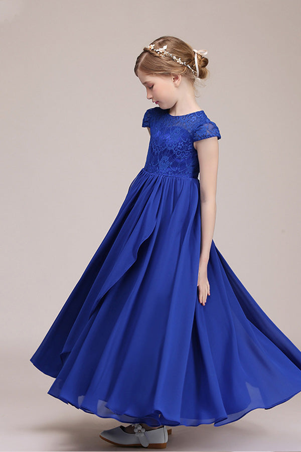 Lace Embellished Royal Blue Illusion Neck Flower Girl Dress-flower girl dresses-BallBride