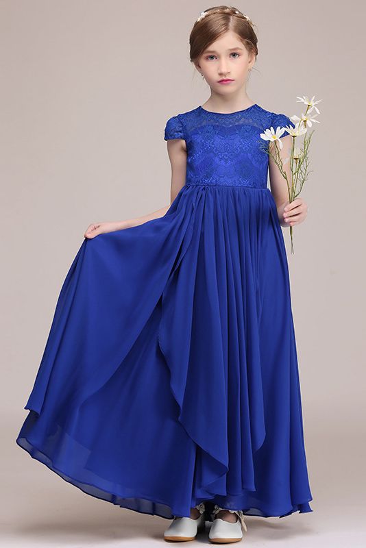 Lace Embellished Royal Blue Illusion Neck Flower Girl Dress-flower girl dresses-BallBride