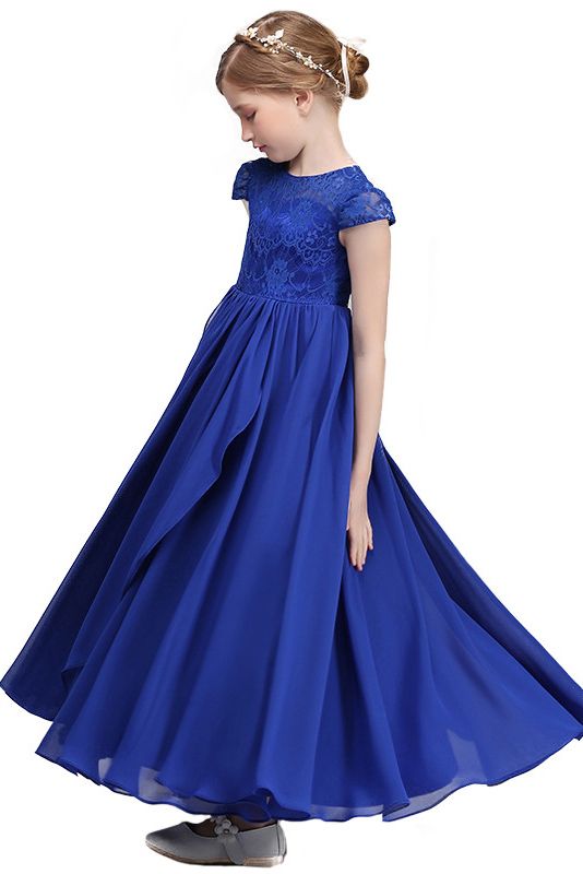 Lace Embellished Royal Blue Illusion Neck Flower Girl Dress-flower girl dresses-BallBride