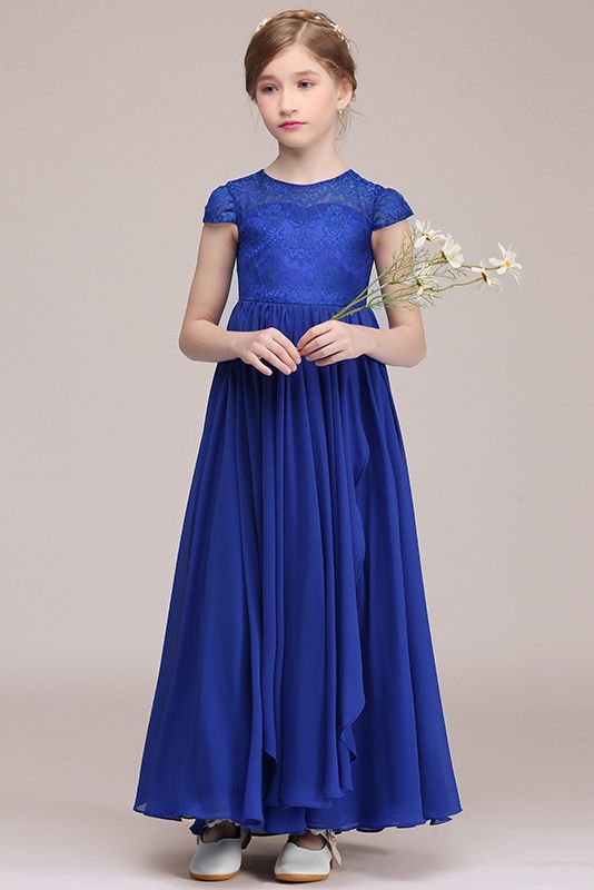 Lace Embellished Royal Blue Illusion Neck Flower Girl Dress-flower girl dresses-BallBride